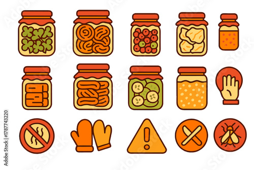 Set of preserved food jars and essential canning safety symbols