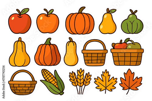 Cute assortment of seasonal autumn harvest fruits vegetables and natural elements