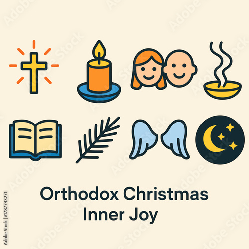 Orthodox Christmas Icons. Orthodox Christmas Inner Joy modern flat icon set: radiant cross, warm candlelight, smiling faces, incense smoke, open scripture, pine sprig, angel wings,