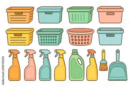 Colorful plastic storage bins laundry baskets and cleaning supplies assortment