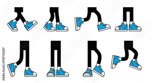 Cartoon legs and feet in blue sneakers illustrating a walking animation cycle against a white background.