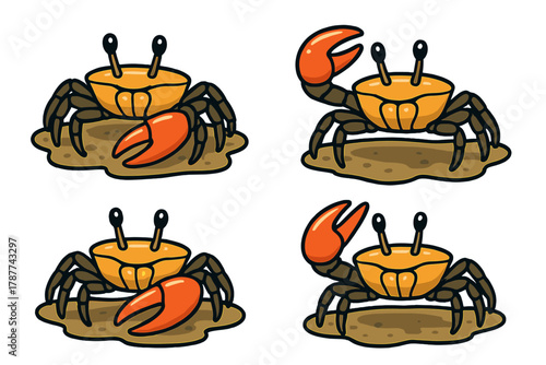 Four cute cartoon fiddler crabs on sand in different claw poses