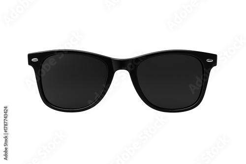 Classic black sunglasses isolated on white background with clean, minimal design and no shadow or reflection, ideal for eyewear ads and product mockups.