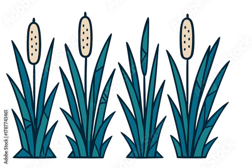 Stylized cattail plants with dark teal foliage and beige flower heads