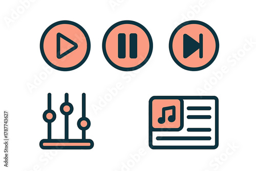 Media player controls and music interface symbols set
