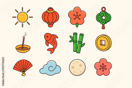 Isometric Lunar Icons. Lunar New Year Fresh Start modern flat icon set: golden sun, red lantern, blooming flower, jade ornament, incense stick, koi swimming, bamboo stalk, fortune