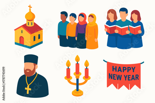 Orthodox New Year Icons. Orthodox New Year Community Celebration modern flat icon set: church exterior, congregation, choir, priest, candles, festive banner.