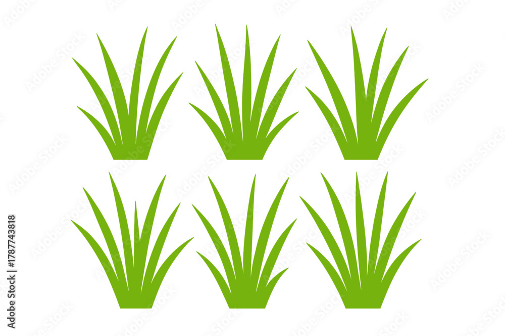 Fototapeta premium Six stylized bright green grass clumps icons for nature themes