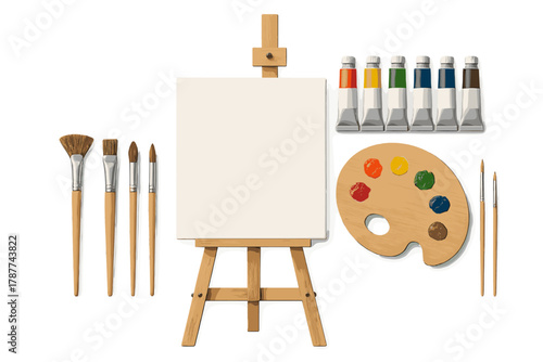 Set of essential painting tools including easel canvas brushes and colorful paint tubes