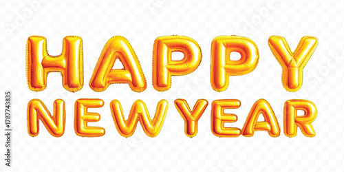 abstract 3d Happy New Year typography made by different color foil balloons isolated on transparent background