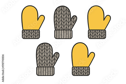 Set of yellow knitted and plain mittens icons for winter