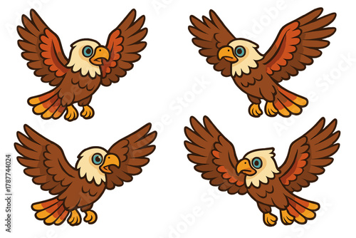 Four stylized cartoon flying eagle birds with spread wings