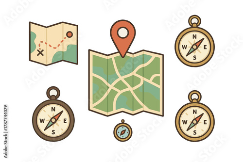 Vintage maps and navigation compass icons for travel and exploration