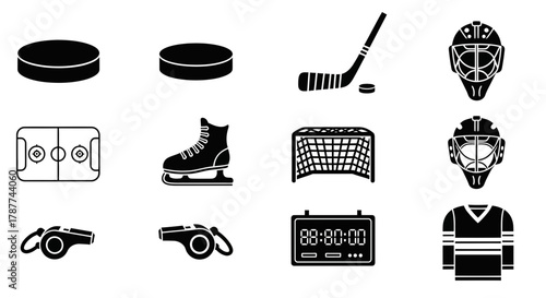 A collection of hockey icons in black and white, including a puck, rink, skate, net, stick, timer, jersey, whistle, and goalie mask.