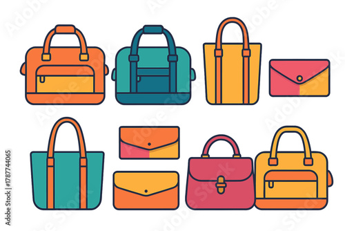 Colorful assortment of travel bags duffel totes and clutches icons