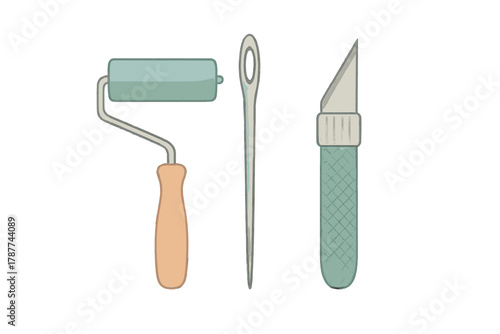 Set of crafting and hobby tools including roller, needle, and utility knife