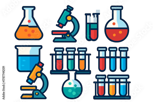 Colorful laboratory glassware and microscope icons for science and research