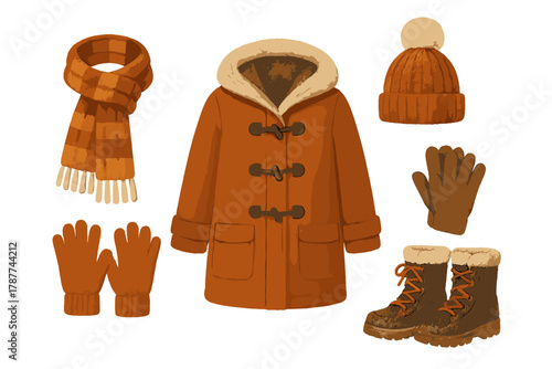 Warm winter outerwear set featuring duffle coat and knitted accessories