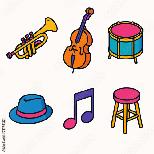 Jazz Icon Set. Jazz Ensemble modern flat icon set: trumpet, double bass, drum, fedora hat, music note, stool.