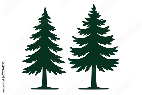 Two stylized dark green pine tree silhouettes standing next to each other