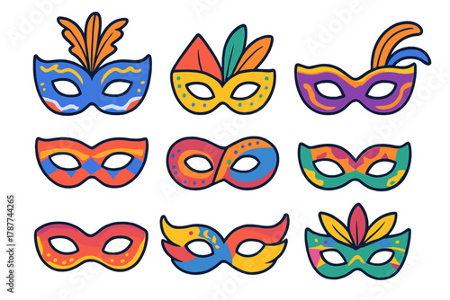 Colorful masquerade eye masks with feathers and intricate patterns