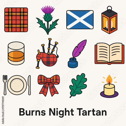 Burns Night Celebration Icons. Burns Night Tartan Decor modern flat icon set: tartan pattern, thistle flower, Scottish flag, candle lantern, whisky glass, bagpipe, feather quill,
