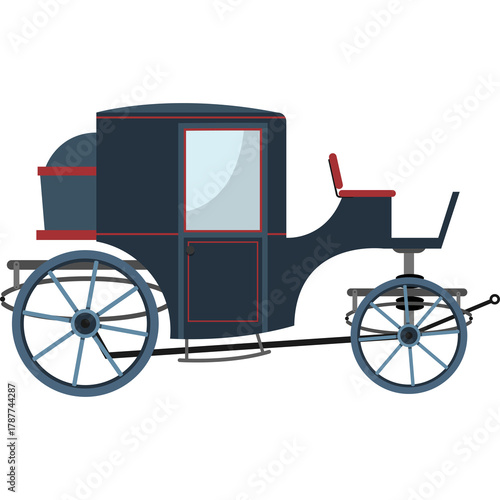 Fotografie Vintage Horse Drawn Carriage Dark Blue And Red With Large Blue Wheels And Transp