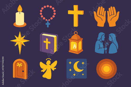 Iconos Religiosos Vibrantes. Las Posadas Religious Prayer modern flat icon set: candlelight, rosary, cross, open hands, star of Bethlehem, holy book, lantern, Mary and Joseph