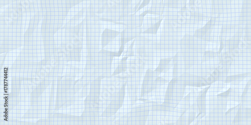 Crumpled notebook, journal grid paper background. Graph paper in light blue color paper texture