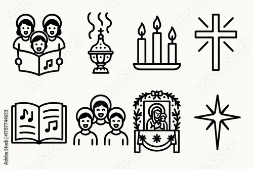 Orthodox Christmas Celebration. Orthodox Christmas Joyful Worship outline icon set: singing choir, golden censer, lit candles, open hymnal, glowing cross, joyful congregation,