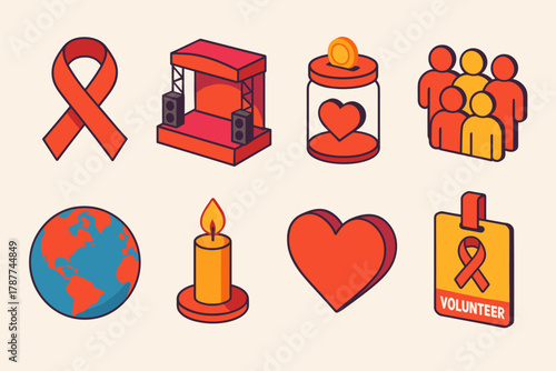 Fundraiser Icons Set. Awareness Fundraiser modern flat icon set: red ribbon, event stage, donation jar, people group, globe, candle, heart, volunteer badge.