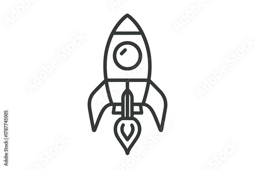 Minimalist outline icon of a retro style rocket ship taking off