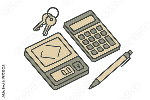 Digital scale calculator and keys for finance or measurement concept