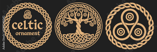 Celtic tree of life with tribal print and braided knots, intricate pagan symbol representing balance, nature, and eternity, ideal for design, decor, and cultural artwork.