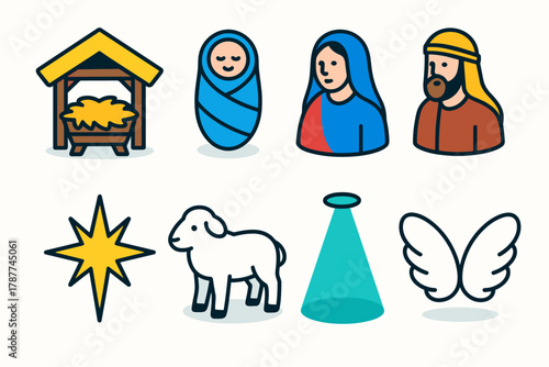Nativity Icon Set. Holy Night Scene modern flat icon set: manger, swaddled infant, mother Mary, father Joseph, star, lamb, light beam, angel wings.