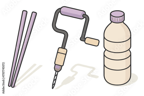 Isometric icons of chopsticks, hand drill, and plastic bottle