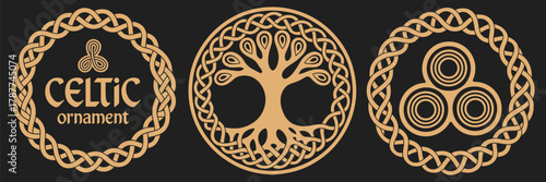 Celtic tree of life with tribal print and braided knots, intricate pagan symbol representing balance, nature, and eternity, ideal for design, decor, and cultural artwork.