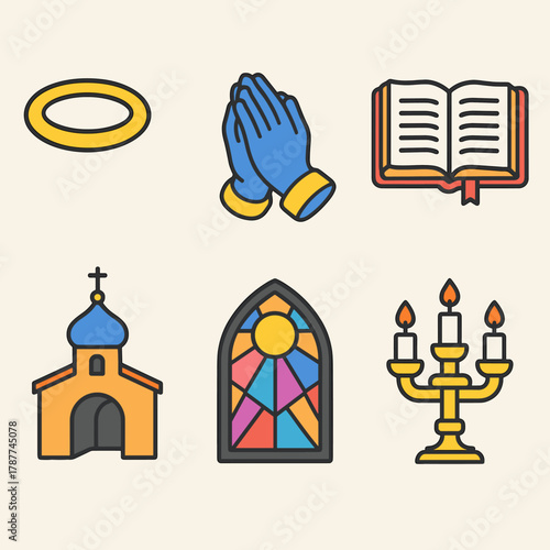 Orthodox Christmas Icon Set. Orthodox Christmas Reverence modern flat icon set: halo, folded hands, open bible, church gate, stained glass window, candle stand.