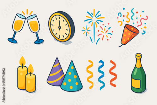 Festive Midnight Celebration. New Year Midnight Toast modern flat icon set: clinking champagne glasses, golden clock striking twelve, sparkling fireworks, confetti burst, glowing