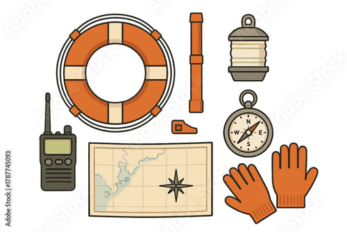 Essential nautical safety and navigation equipment featuring life preserver and compass