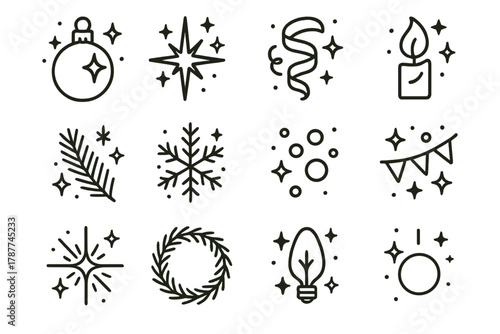 Festive Icons Display. Christmas Sparkle Details outline icon set: glittering ornament, starburst, ribbon curl, candle flame, pine sprig, snowflake shimmer, gold confetti, garland,