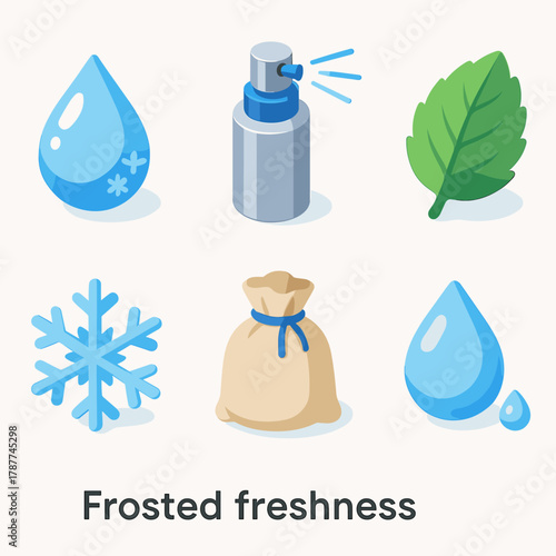 Frosted Freshness Icons. Frosted Freshness modern flat icon set: icy droplet, silver spritz bottle, mint leaf, crystal flake, linen pouch, morning dew.