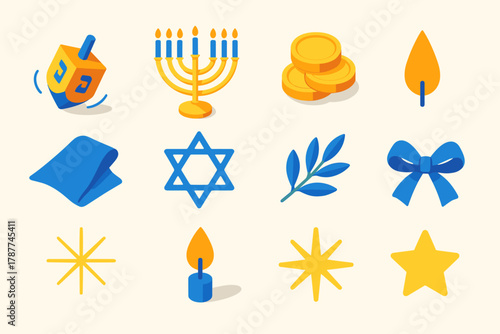 Vibrant Hanukkah Icons. Spinning Joy of Hanukkah modern flat icon set: dreidel in motion, menorah, chocolate coins, candle flame, blue cloth, star symbol, olive branch, ribbon,