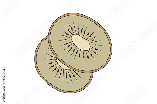 Two overlapping slices of kiwi fruit showing seeds and internal structure
