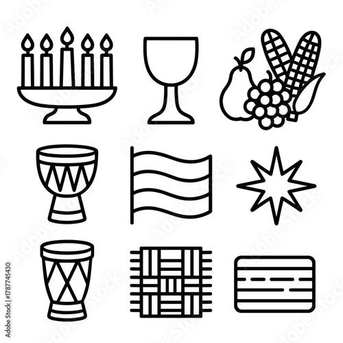 Kwanzaa Symbols Outline. Principles of Kwanzaa outline icon set: seven candles, unity cup, harvest fruits, corn, drum, flag, mat, starburst.