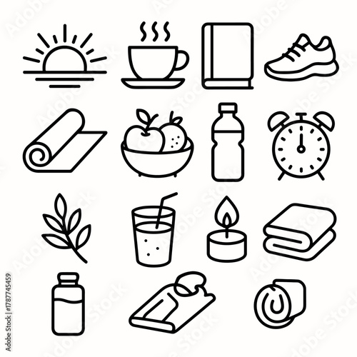 New Year Morning Icons. New Year Morning Vitality outline icon set: rising sun, cup of tea, notebook, sneakers, yoga mat, fruit bowl, water bottle, clock, leafy sprig, smoothie