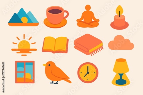 Serene Morning Icons. Peaceful Sunrise modern flat icon set: mountain view, tea cup, meditation figure, rising sun, book, blanket, candle, window scene, bird, gentle cloud, clock,
