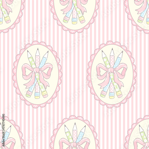 Grand millennial Coquette Pencil with Bow in Frame Seamless Pattern. Pastel Vintage Striped Schoolcore Design