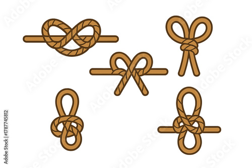 Five decorative and functional rope knots displayed on a clean white background