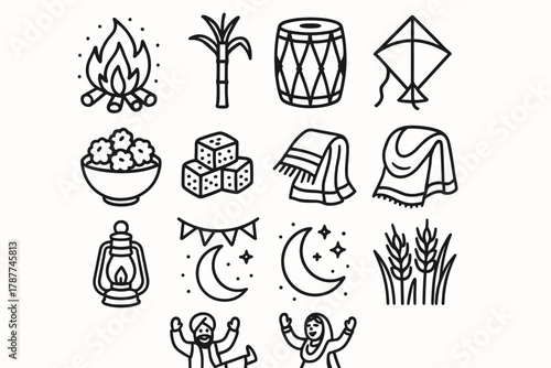 Lohri Night Celebration. Lohri Winter Night outline icon set: glowing bonfire, sugarcane stalk, drum dhol, popcorn bowl, sesame sweets, bright kite, warm shawl, lantern light,